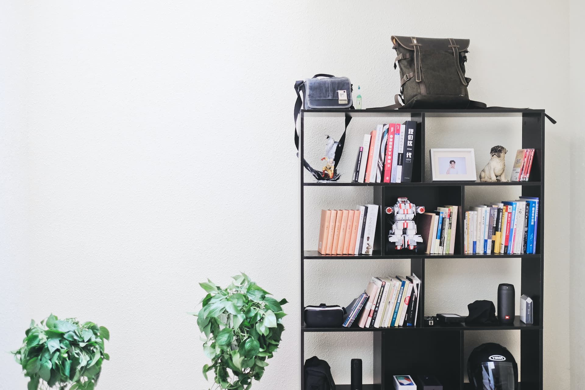 Apartamento de soltero con estantería de libros